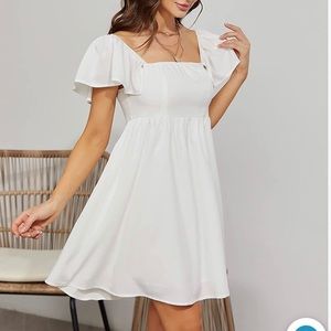 Square Neck Short Cap Sleeve Dress High Waist A-Line Casual Mini Dress S…